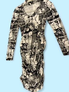 Women's Black & White Newspaper-Print Midi Dress
